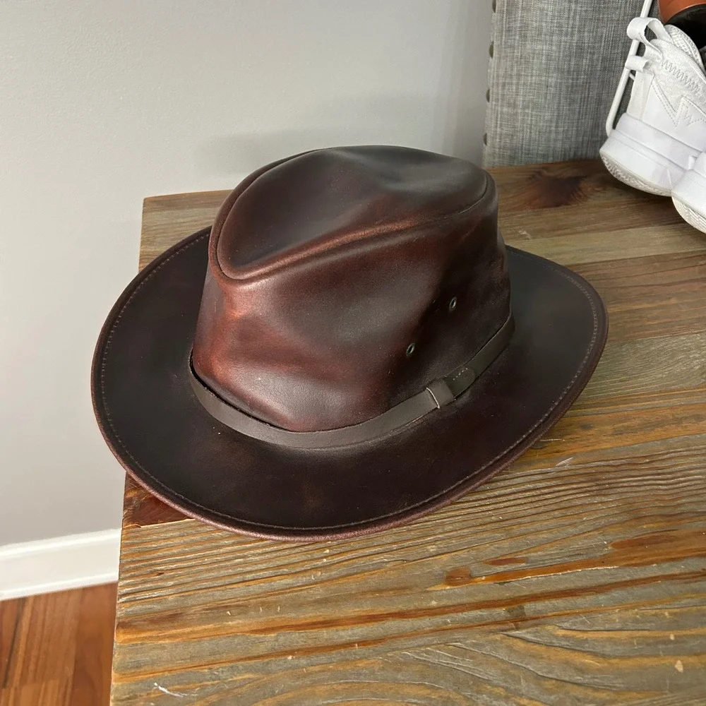 Mens Dark Brown Distressed Leather Outback Hat Made in‎ USA Size 2XL Wide Brim